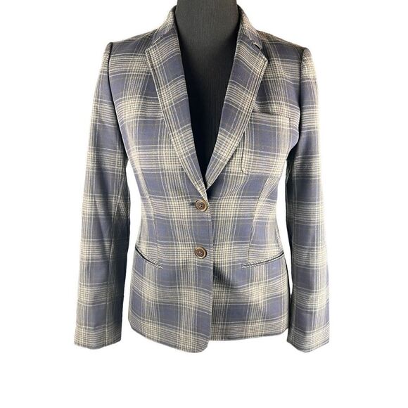 Tommy Hilfiger plaid blue gray patch sleeve tartan 2 button blazer fitted 8 - Picture 1 of 6
